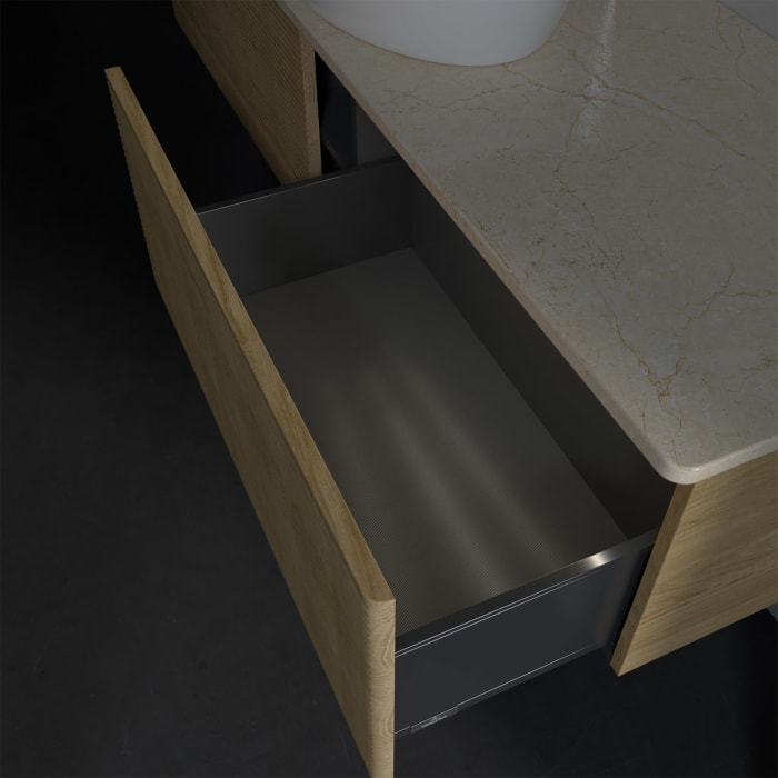 Villeroy & Boch Antao Waschbeckenunterschrank, 160 x 36 cm, 2 Auszüge mit LED-Licht, Front mit Struktur, mit Hahnloch, für Waschtisch mittig