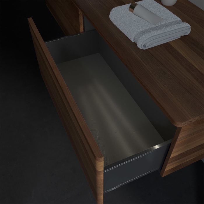 Villeroy & Boch Antao Waschbeckenunterschrank, 160 x 36 cm, 2 Auszüge mit LED-Licht, Front ohne Struktur, ohne Hahnloch, für Waschtisch links