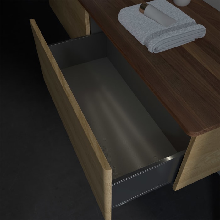 Villeroy & Boch Antao Waschbeckenunterschrank, 160 x 36 cm, 2 Auszüge mit LED-Licht, Front ohne Struktur, ohne Hahnloch, für Waschtisch links