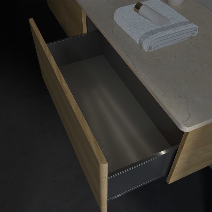 Villeroy & Boch Antao Waschbeckenunterschrank, 160 x 36 cm, 2 Auszüge mit LED-Licht, Front ohne Struktur, ohne Hahnloch, für Waschtisch links