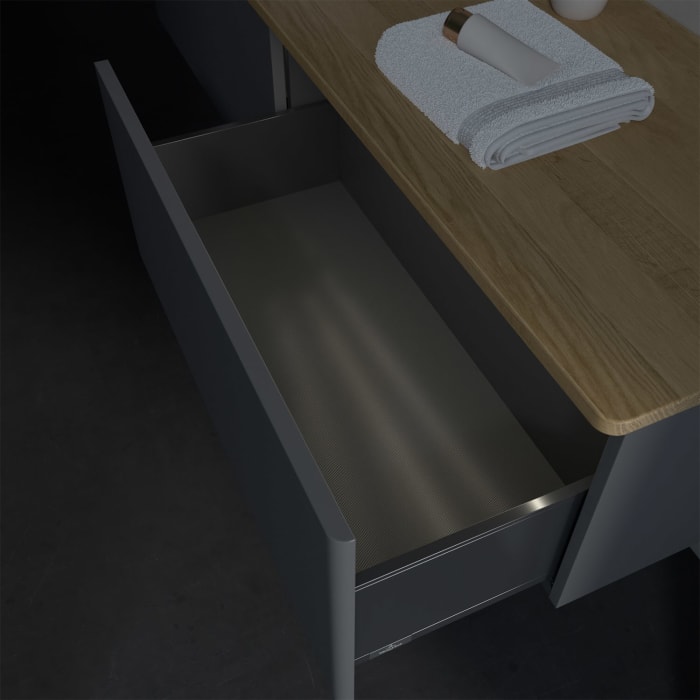 Villeroy & Boch Antao Waschbeckenunterschrank, 160 x 36 cm, 2 Auszüge mit LED-Licht, Front ohne Struktur, mit Hahnloch, für Waschtisch links