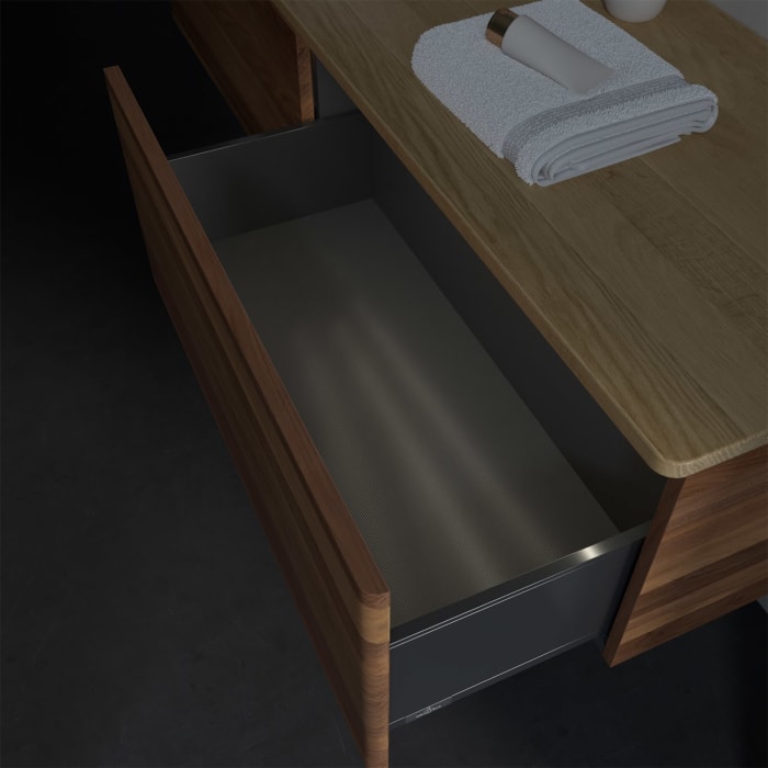 Villeroy & Boch Antao Waschbeckenunterschrank, 160 x 36 cm, 2 Auszüge mit LED-Licht, Front ohne Struktur, mit Hahnloch, für Waschtisch links