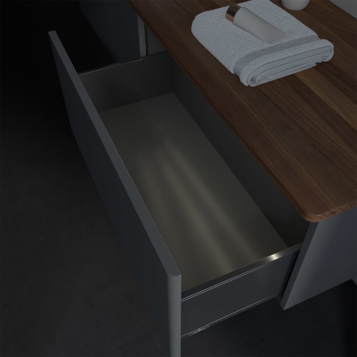 Villeroy & Boch Antao Waschbeckenunterschrank, 160 x 36 cm, 2 Auszüge mit LED-Licht, Front ohne Struktur, mit Hahnloch, für Waschtisch links