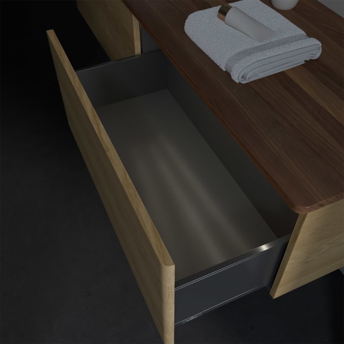 Villeroy & Boch Antao Waschbeckenunterschrank, 160 x 36 cm, 2 Auszüge mit LED-Licht, Front ohne Struktur, mit Hahnloch, für Waschtisch links