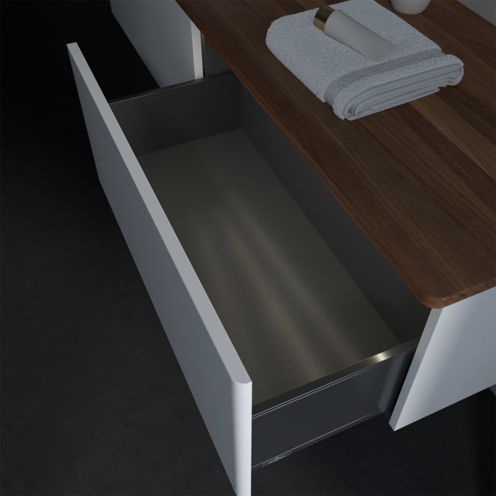 Villeroy & Boch Antao Waschbeckenunterschrank, 160 x 36 cm, 2 Auszüge mit LED-Licht, Front ohne Struktur, mit Hahnloch, für Waschtisch links