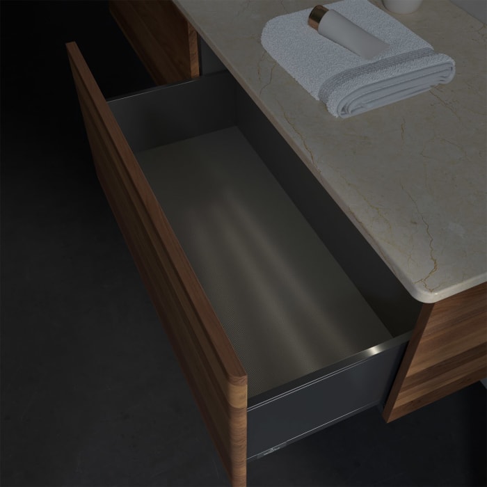 Villeroy & Boch Antao Waschbeckenunterschrank, 160 x 36 cm, 2 Auszüge mit LED-Licht, Front ohne Struktur, mit Hahnloch, für Waschtisch links