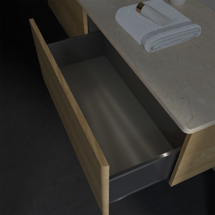 Villeroy & Boch Antao Waschbeckenunterschrank, 160 x 36 cm, 2 Auszüge mit LED-Licht, Front ohne Struktur, mit Hahnloch, für Waschtisch links