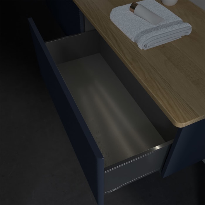 Villeroy & Boch Antao Waschbeckenunterschrank, 160 x 36 cm, 2 Auszüge mit LED-Licht, Front mit Struktur, ohne Hahnloch, für Waschtisch links