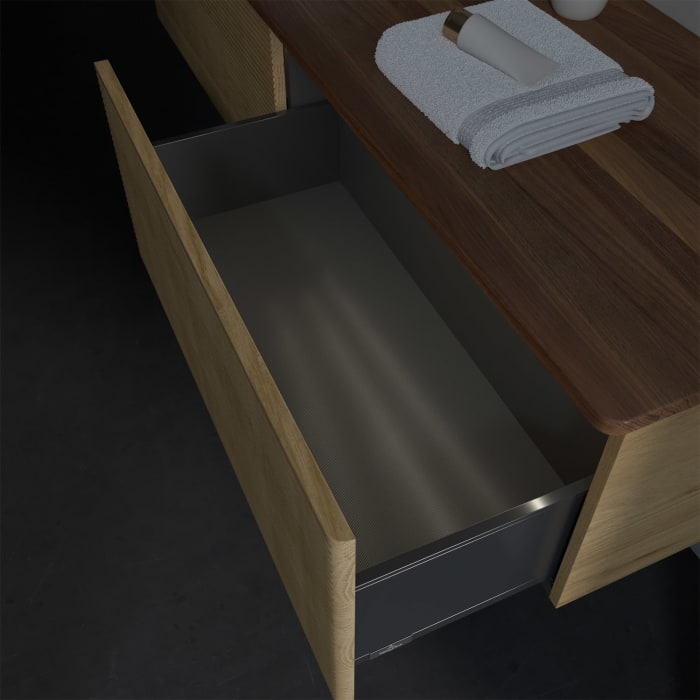 Villeroy & Boch Antao Waschbeckenunterschrank, 160 x 36 cm, 2 Auszüge mit LED-Licht, Front mit Struktur, ohne Hahnloch, für Waschtisch links