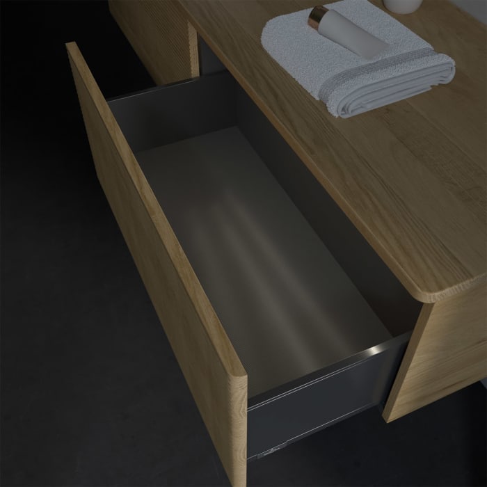 Villeroy & Boch Antao Waschbeckenunterschrank, 160 x 36 cm, 2 Auszüge mit LED-Licht, Front mit Struktur, mit Hahnloch, für Waschtisch links