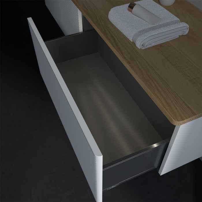 Villeroy & Boch Antao Waschbeckenunterschrank, 160 x 36 cm, 2 Auszüge mit LED-Licht, Front mit Struktur, mit Hahnloch, für Waschtisch links