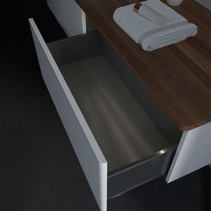 Villeroy & Boch Antao Waschbeckenunterschrank, 160 x 36 cm, 2 Auszüge mit LED-Licht, Front mit Struktur, mit Hahnloch, für Waschtisch links