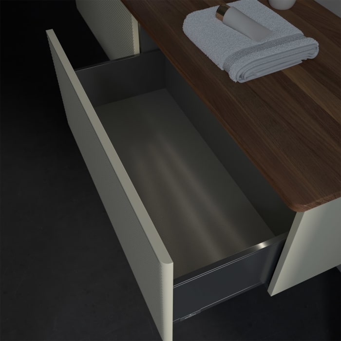 Villeroy & Boch Antao Waschbeckenunterschrank, 160 x 36 cm, 2 Auszüge mit LED-Licht, Front mit Struktur, mit Hahnloch, für Waschtisch links