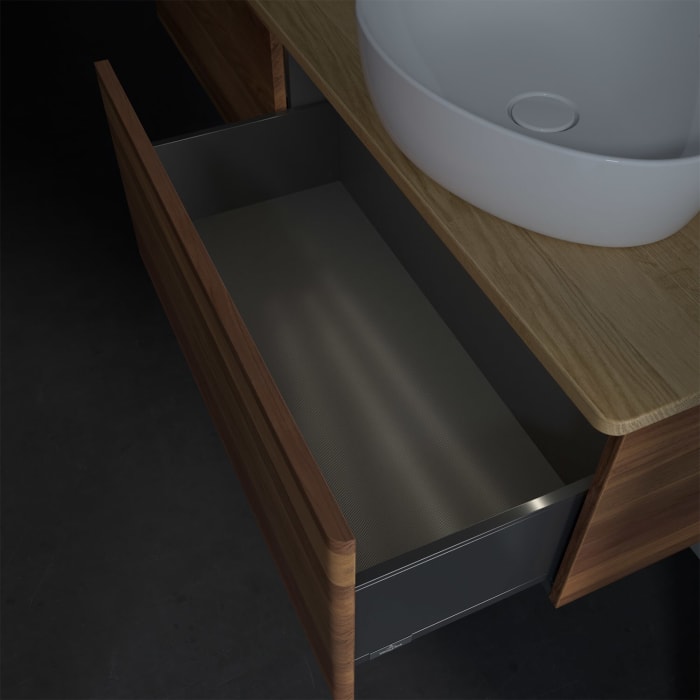 Villeroy & Boch Antao Waschbeckenunterschrank, 160 x 36 cm, 2 Auszüge mit LED-Licht, Front ohne Struktur, ohne Hahnloch, für Waschtisch rechts