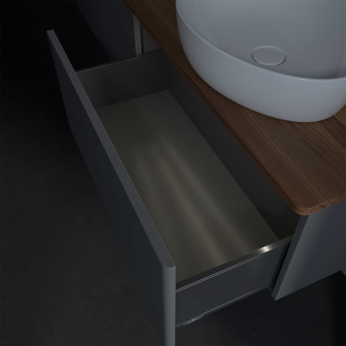 Villeroy & Boch Antao Waschbeckenunterschrank, 160 x 36 cm, 2 Auszüge mit LED-Licht, Front ohne Struktur, ohne Hahnloch, für Waschtisch rechts