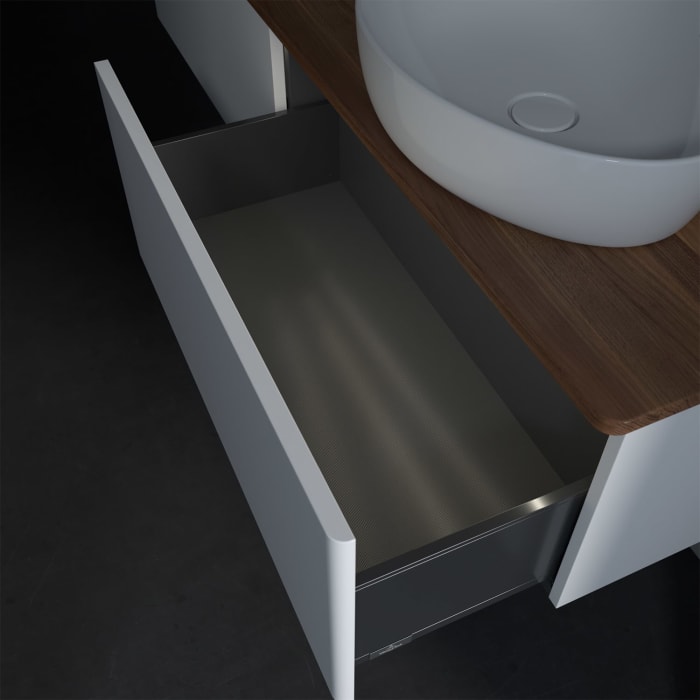 Villeroy & Boch Antao Waschbeckenunterschrank, 160 x 36 cm, 2 Auszüge mit LED-Licht, Front ohne Struktur, ohne Hahnloch, für Waschtisch rechts