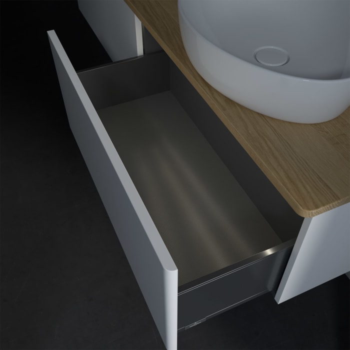 Villeroy & Boch Antao Waschbeckenunterschrank, 160 x 36 cm, 2 Auszüge mit LED-Licht, Front ohne Struktur, mit Hahnloch, für Waschtisch rechts