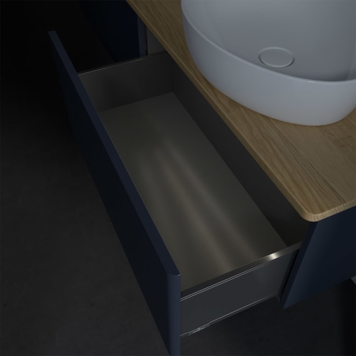 Villeroy & Boch Antao Waschbeckenunterschrank, 160 x 36 cm, 2 Auszüge mit LED-Licht, Front ohne Struktur, mit Hahnloch, für Waschtisch rechts