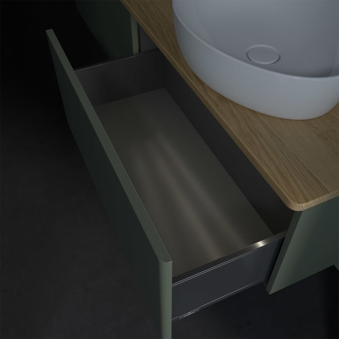 Villeroy & Boch Antao Waschbeckenunterschrank, 160 x 36 cm, 2 Auszüge mit LED-Licht, Front ohne Struktur, mit Hahnloch, für Waschtisch rechts