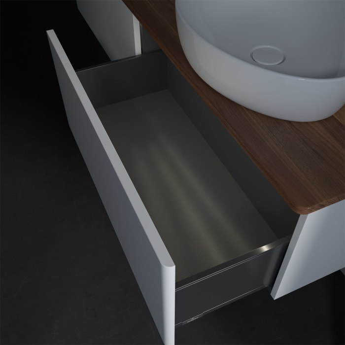 Villeroy & Boch Antao Waschbeckenunterschrank, 160 x 36 cm, 2 Auszüge mit LED-Licht, Front ohne Struktur, mit Hahnloch, für Waschtisch rechts