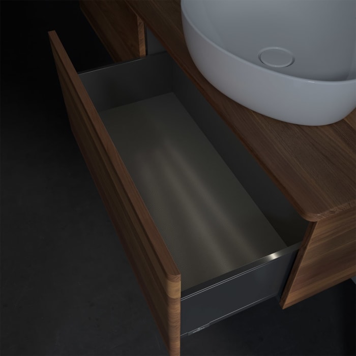 Villeroy & Boch Antao Waschbeckenunterschrank, 160 x 36 cm, 2 Auszüge mit LED-Licht, Front ohne Struktur, mit Hahnloch, für Waschtisch rechts