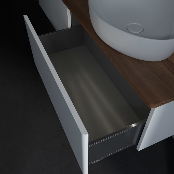 Villeroy & Boch Antao Waschbeckenunterschrank, 160 x 36 cm, 2 Auszüge mit LED-Licht, Front ohne Struktur, mit Hahnloch, für Waschtisch rechts