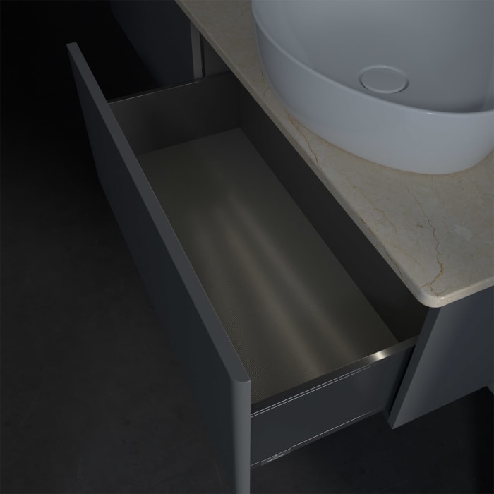 Villeroy & Boch Antao Waschbeckenunterschrank, 160 x 36 cm, 2 Auszüge mit LED-Licht, Front ohne Struktur, mit Hahnloch, für Waschtisch rechts