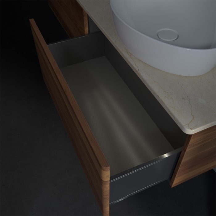 Villeroy & Boch Antao Waschbeckenunterschrank, 160 x 36 cm, 2 Auszüge mit LED-Licht, Front ohne Struktur, mit Hahnloch, für Waschtisch rechts