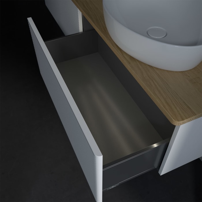 Villeroy & Boch Antao Waschbeckenunterschrank, 160 x 36 cm, 2 Auszüge mit LED-Licht, Front mit Struktur, ohne Hahnloch, für Waschtisch rechts