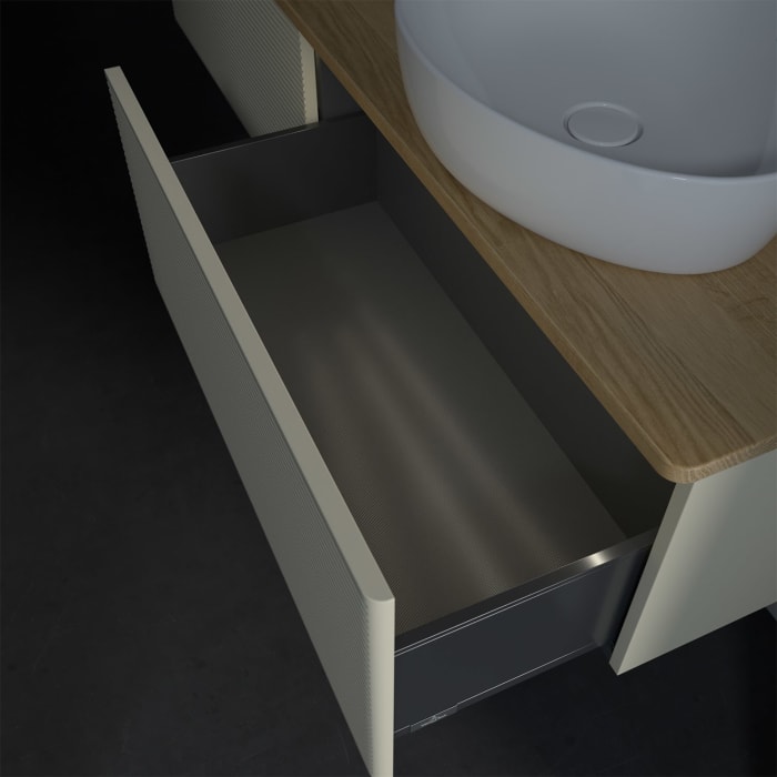 Villeroy & Boch Antao Waschbeckenunterschrank, 160 x 36 cm, 2 Auszüge mit LED-Licht, Front mit Struktur, ohne Hahnloch, für Waschtisch rechts