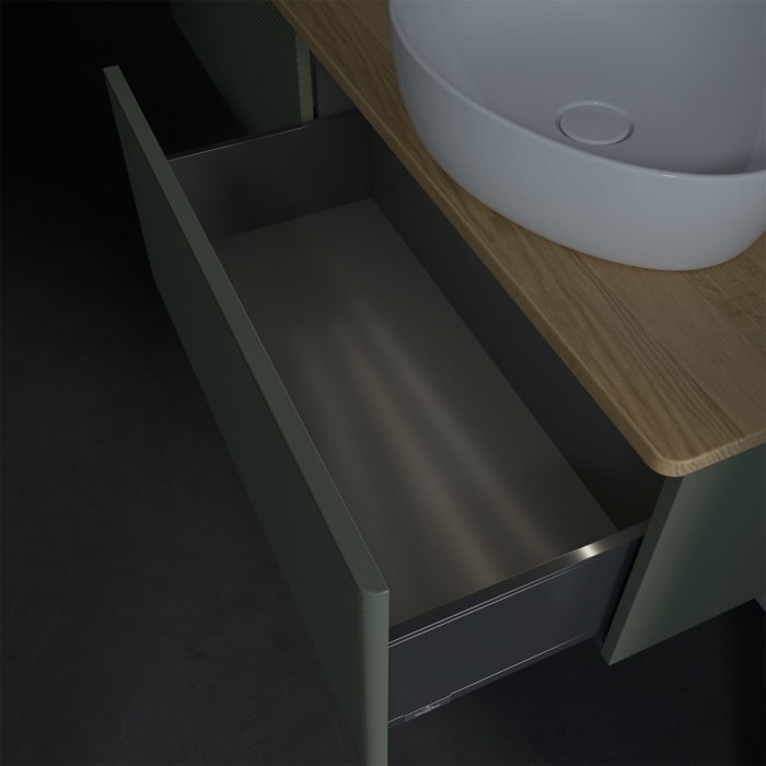 Villeroy & Boch Antao Waschbeckenunterschrank, 160 x 36 cm, 2 Auszüge mit LED-Licht, Front mit Struktur, mit Hahnloch, für Waschtisch rechts