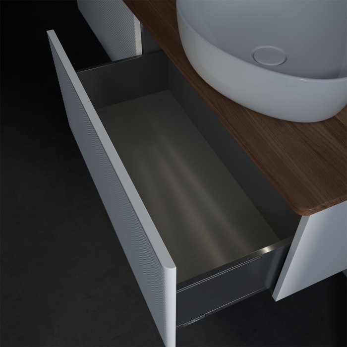 Villeroy & Boch Antao Waschbeckenunterschrank, 160 x 36 cm, 2 Auszüge mit LED-Licht, Front mit Struktur, mit Hahnloch, für Waschtisch rechts