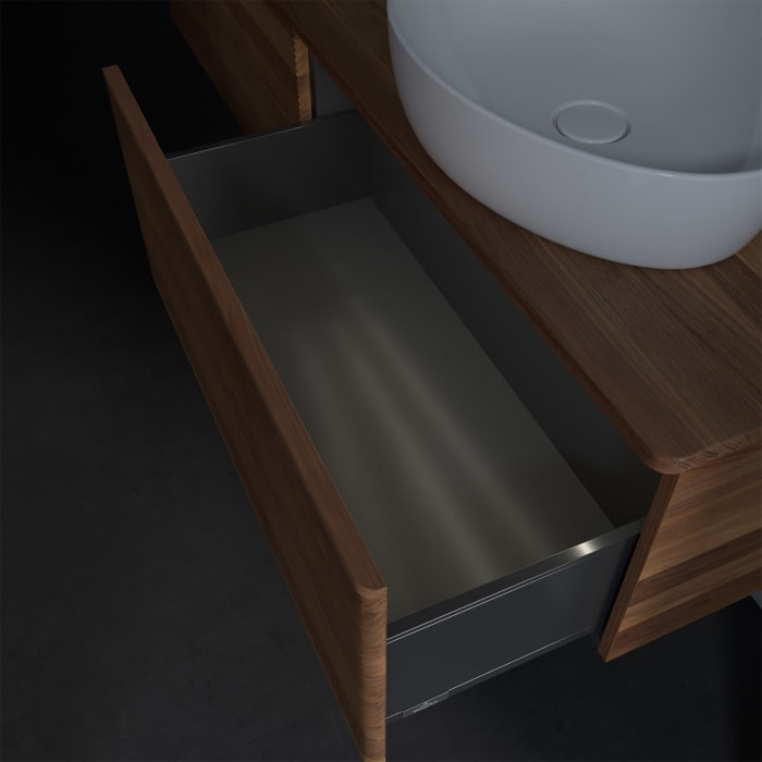 Villeroy & Boch Antao Waschbeckenunterschrank, 160 x 36 cm, 2 Auszüge mit LED-Licht, Front mit Struktur, mit Hahnloch, für Waschtisch rechts