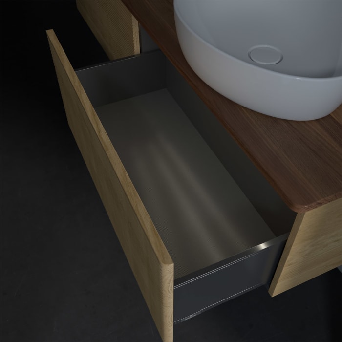 Villeroy & Boch Antao Waschbeckenunterschrank, 160 x 36 cm, 2 Auszüge mit LED-Licht, Front mit Struktur, mit Hahnloch, für Waschtisch rechts