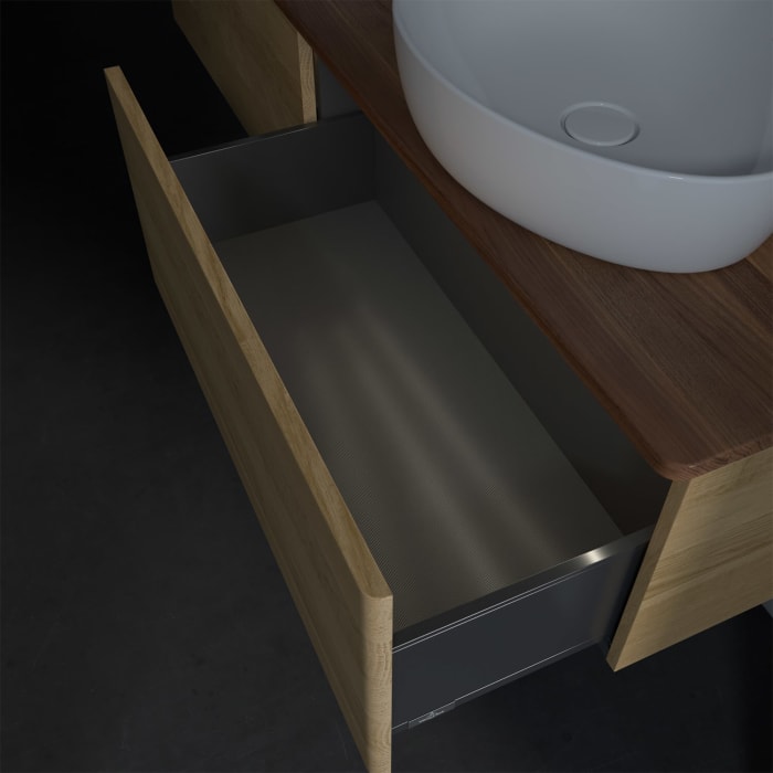 Villeroy & Boch Antao Waschbeckenunterschrank, 160 x 36 cm, 2 Auszüge mit LED-Licht, Front ohne Struktur, ohne Hahnloch, für Waschtisch links und rech