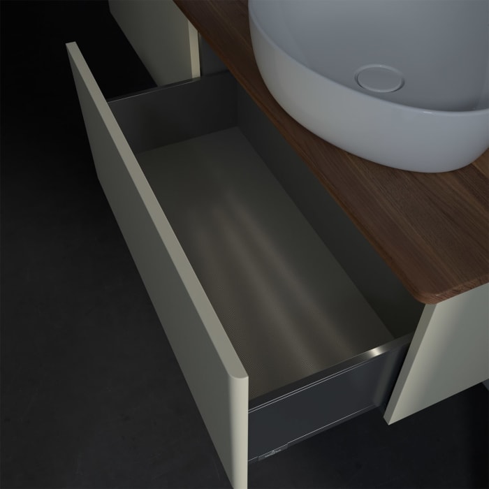 Villeroy & Boch Antao Waschbeckenunterschrank, 160 x 36 cm, 2 Auszüge mit LED-Licht, Front ohne Struktur, mit Hahnloch, für Waschtisch links und recht