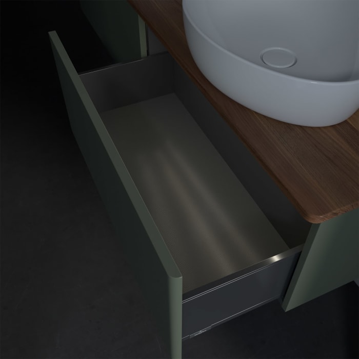 Villeroy & Boch Antao Waschbeckenunterschrank, 160 x 36 cm, 2 Auszüge mit LED-Licht, Front ohne Struktur, mit Hahnloch, für Waschtisch links und recht