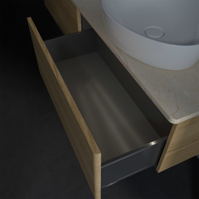 Villeroy & Boch Antao Waschbeckenunterschrank, 160 x 36 cm, 2 Auszüge mit LED-Licht, Front ohne Struktur, mit Hahnloch, für Waschtisch links und recht