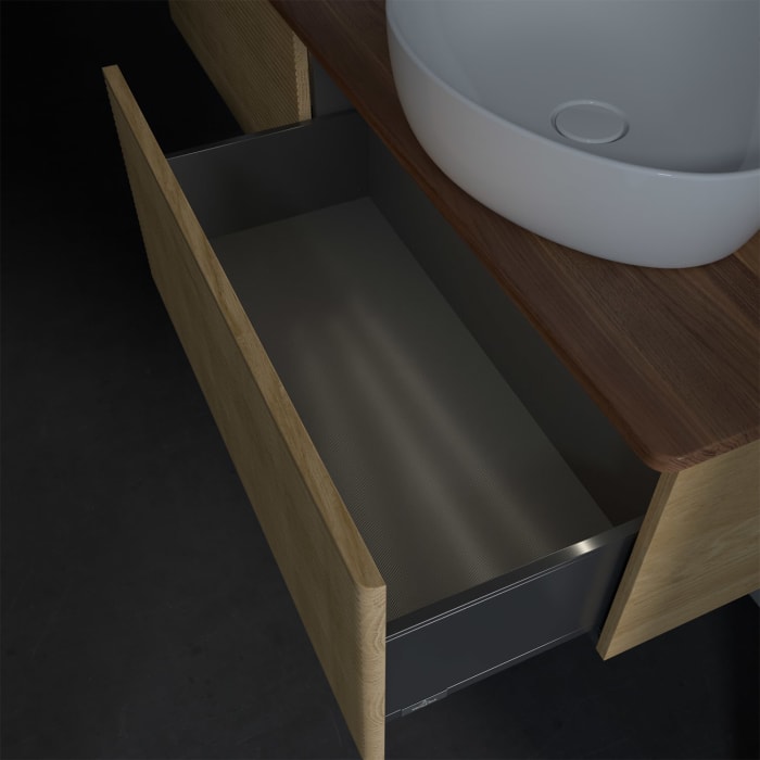 Villeroy & Boch Antao Waschbeckenunterschrank, 160 x 36 cm, 2 Auszüge mit LED-Licht, Front mit Struktur, ohne Hahnloch, für Waschtisch links und recht