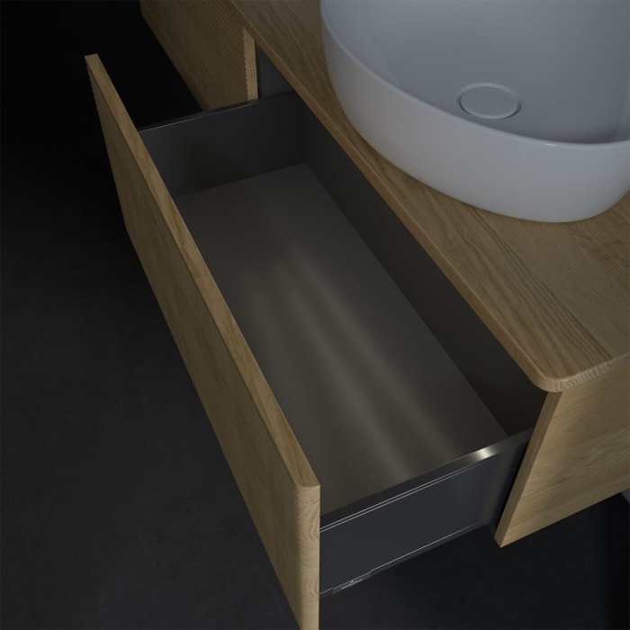 Villeroy & Boch Antao Waschbeckenunterschrank, 160 x 36 cm, 2 Auszüge mit LED-Licht, Front mit Struktur, mit Hahnloch, für Waschtisch links und rechts