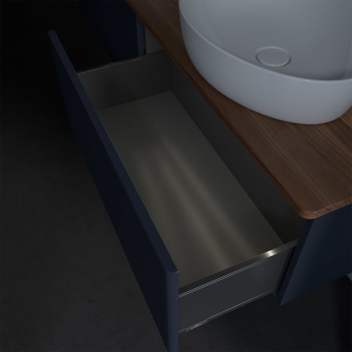 Villeroy & Boch Antao Waschbeckenunterschrank, 160 x 36 cm, 2 Auszüge mit LED-Licht, Front mit Struktur, mit Hahnloch, für Waschtisch links und rechts