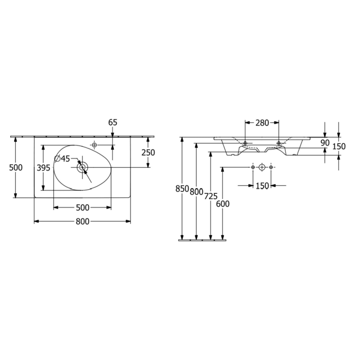 Villeroy & Boch Antao Schrankwaschtisch 80 x 50 cm, ohne Überlauf und ohne Hahnloch