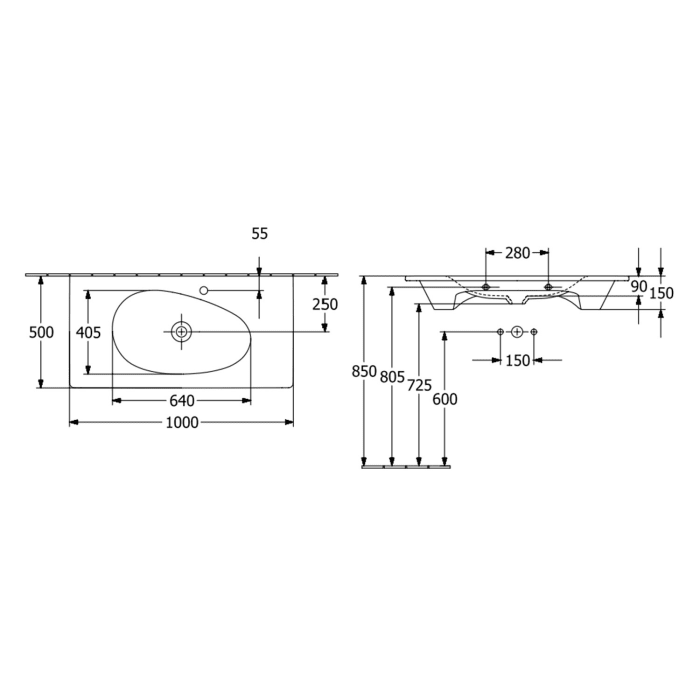 Villeroy & Boch Antao Schrankwaschtisch 100 x 50 cm, ohne Überlauf und ohne Hahnloch