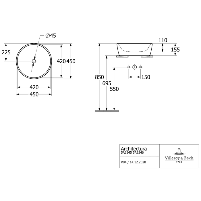 Villeroy & Boch Architectura Aufsatzwaschbecken 45 x 45 x 15,5 cm, ohne Überlauf, ungeschliffen