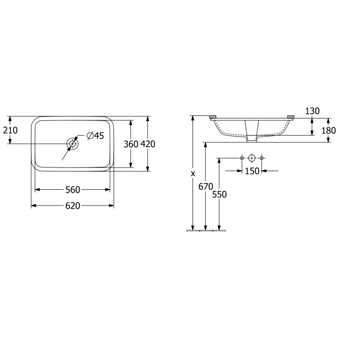 Villeroy & Boch Architectura Unterbauwaschbecken 62 x 42 cm rechteckig, mit Überlauf, ungeschliffen