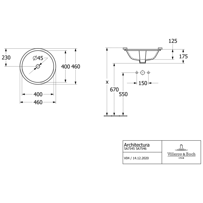 Villeroy & Boch Architectura Unterbauwaschbecken 45 x 45 cm rund, ohne Überlauf, ungeschliffen