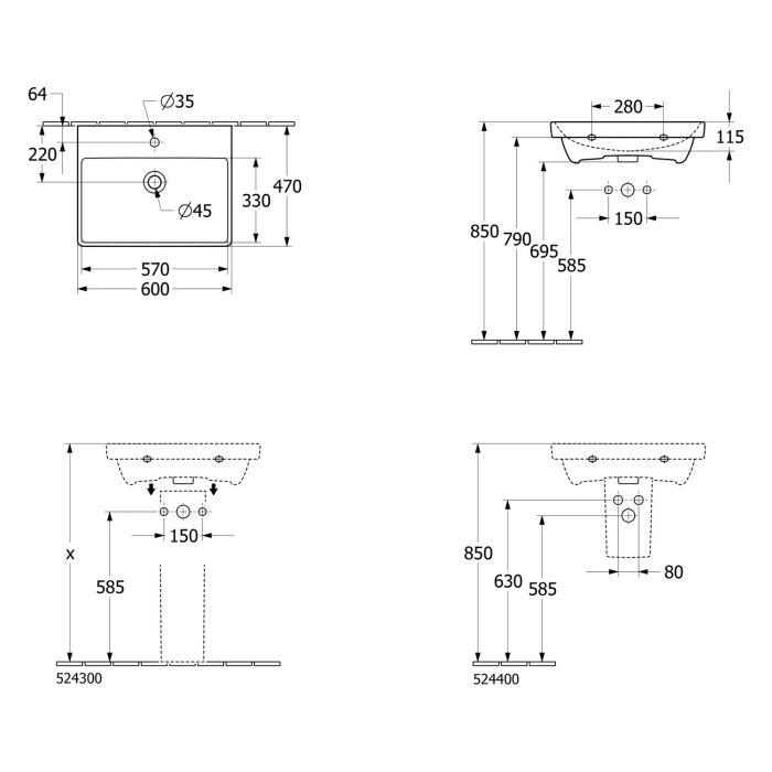 Villeroy & Boch Avento Waschtisch mit Unterschrank 60 cm, 2 Auszüge