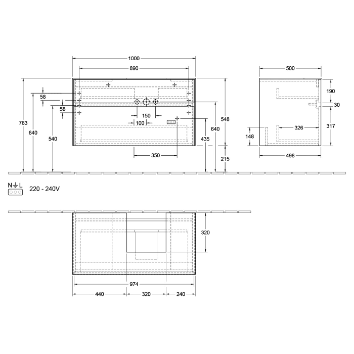 Villeroy & Boch Collaro Waschtischunterschrank 100 x 50 cm, mit 2 Auszügen und LED-Beleuchtung für Finion Waschtisch
