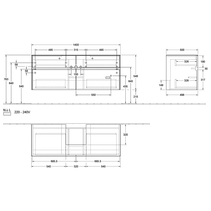 Villeroy & Boch Collaro Waschtischunterschrank 140 x 50 cm, mit 4 Auszügen und LED-Beleuchtung für Finion Waschtisch