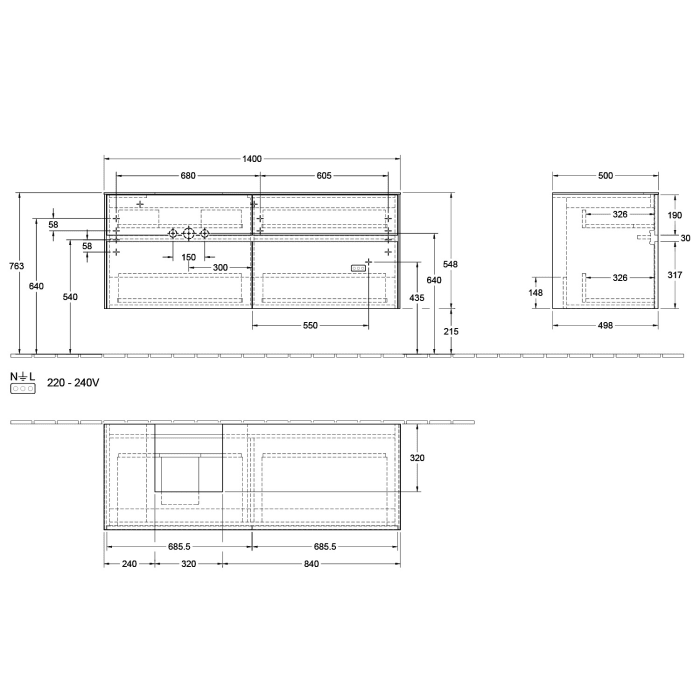 Villeroy & Boch Collaro Waschtischunterschrank 140 x 50 cm, mit 4 Auszügen und LED-Beleuchtung für Finion Waschtisch